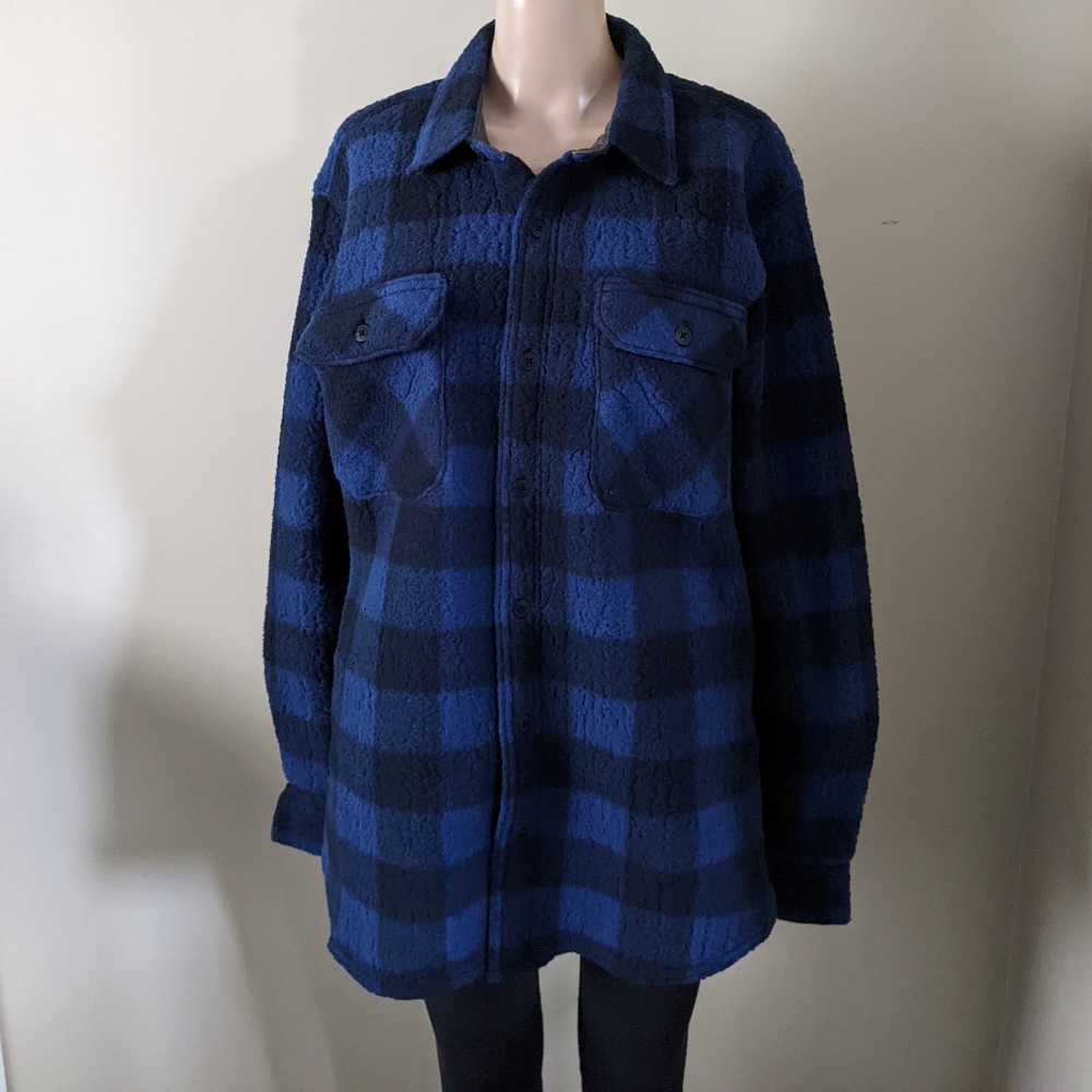 Wrangler fleece plaid blue shacket shirt, men's large